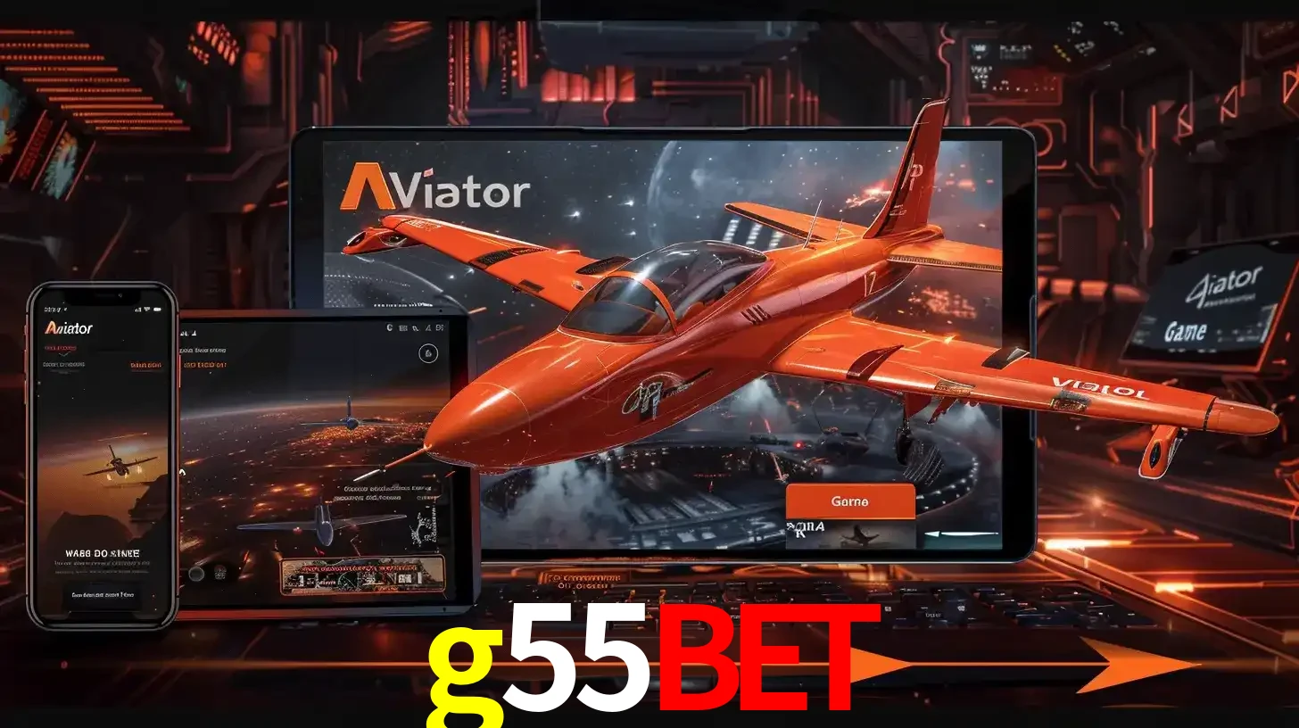 Apresentação tecnológica do jogo Aviator com um avião saindo da tela de um tablet, demonstrando a experiência imersiva em múltiplos dispositivos no g55bet.