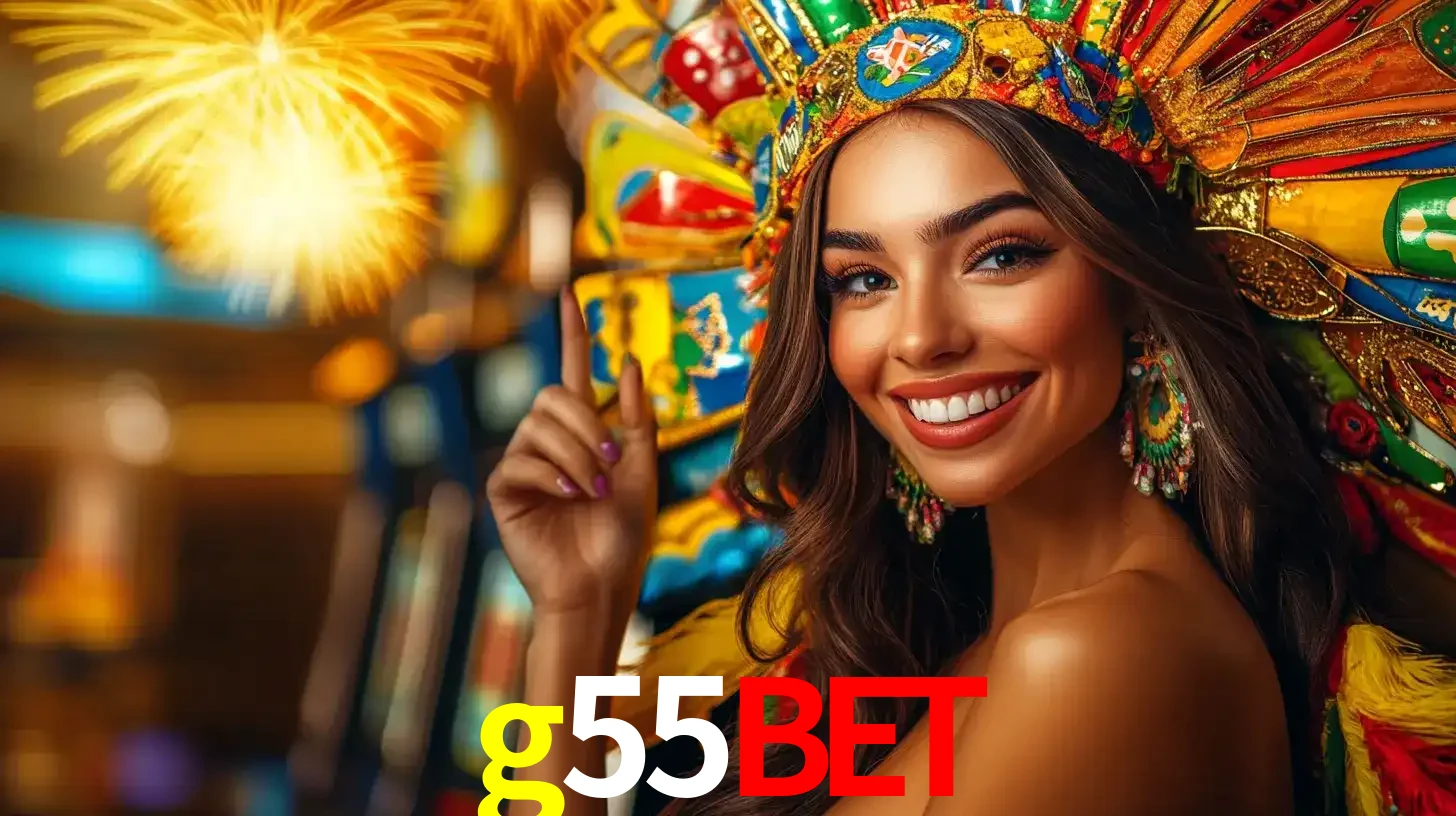 Mulher sorridente com um cocar de carnaval vibrante e colorido, celebrando uma grande vitória nos jogos do cassino g55bet com fogos de artifício ao fundo.