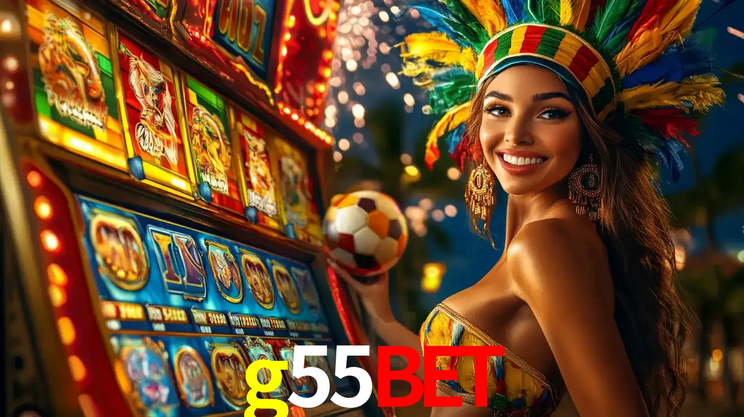 Mulher com um cocar de carnaval ao lado de uma máquina de caça-níqueis enquanto segura uma bola de futebol, mostrando a união da diversão de cassino e esportes no g55bet.