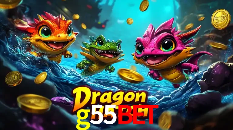 Arte promocional do jogo Dragon Hatch com três adoráveis dragões bebês nadando entre moedas de ouro, um dos slots mais divertidos para jogar no cassino g55bet.