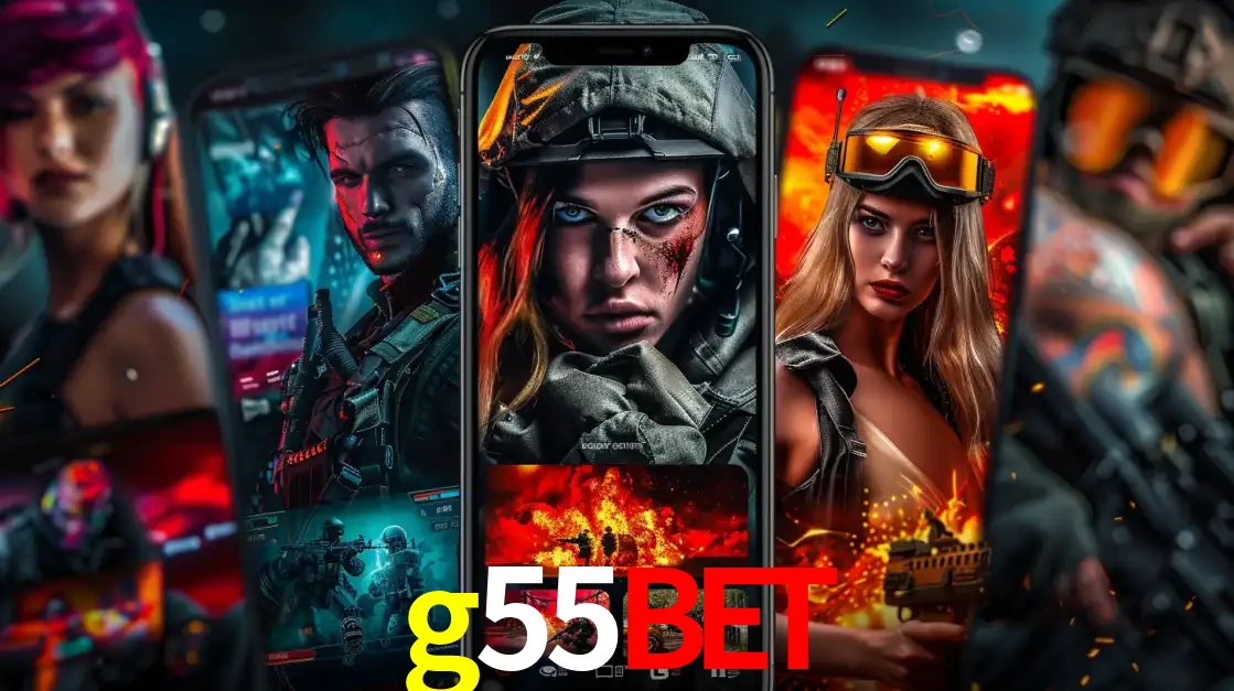 Montagem de telas de celular mostrando diversos personagens, masculinos e femininos, de um jogo de tiro, ilustrando a diversidade de equipes de e-sports para apostar no g55bet.