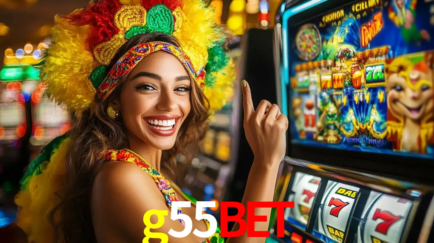 Mulher animada com um cocar de carnaval apontando para uma máquina de caça-níqueis, mostrando a emoção de ganhar um grande prêmio nos jogos do g55bet.