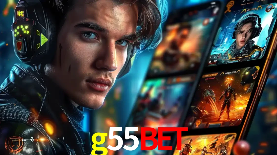 Jovem jogador com fones de ouvido olhando para a câmera, com um aplicativo de jogos e e-sports para celular ao fundo, pronto para a competição e apostas no g55bet.