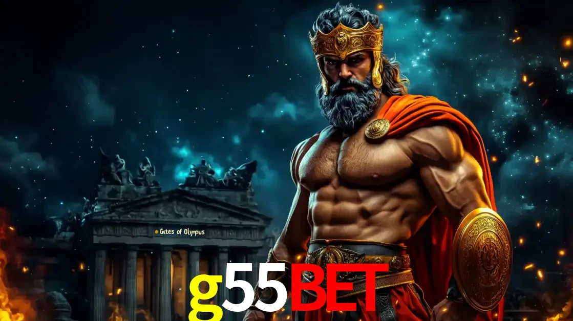 O poderoso Zeus do jogo de slot Gates of Olympus em frente ao seu templo, pronto para lançar multiplicadores divinos e prêmios épicos no cassino online g55bet.