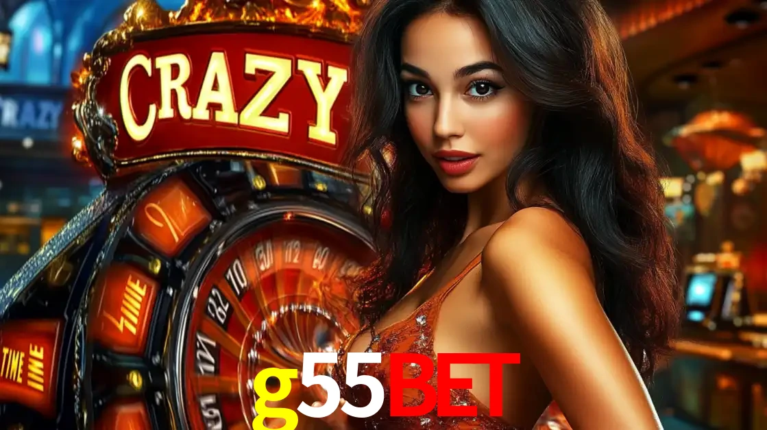 Mulher glamourosa olhando para a câmera com a roda vermelha do Crazy Time ao fundo em um ambiente de cassino, destacando a emoção dos jogos ao vivo no g55bet.