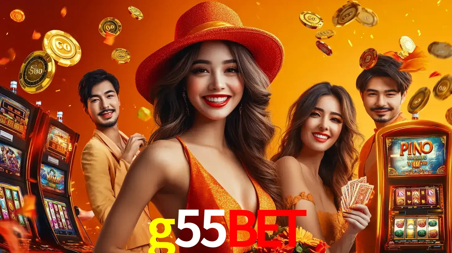 Grupo de amigos asiáticos sorrindo e se divertindo com máquinas de caça-níqueis em um ambiente festivo, celebrando suas vitórias nos jogos de cassino do g55bet.