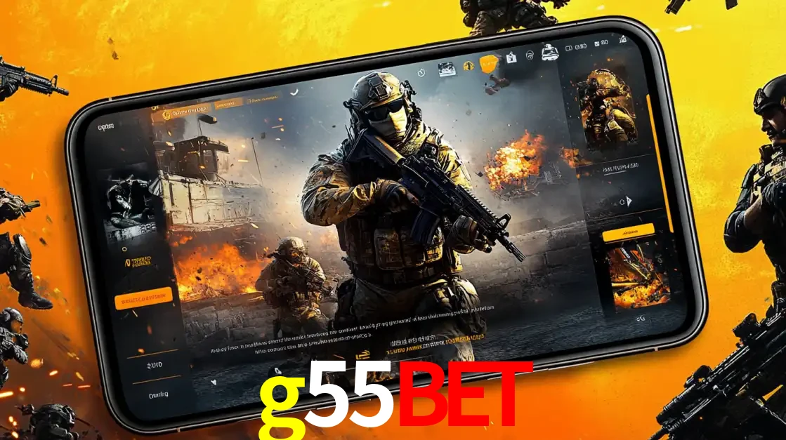 Um smartphone exibindo a interface de um jogo de tiro em primeira pessoa, com um soldado em um cenário de batalha, representando a ação dos e-sports para apostar no g55bet.