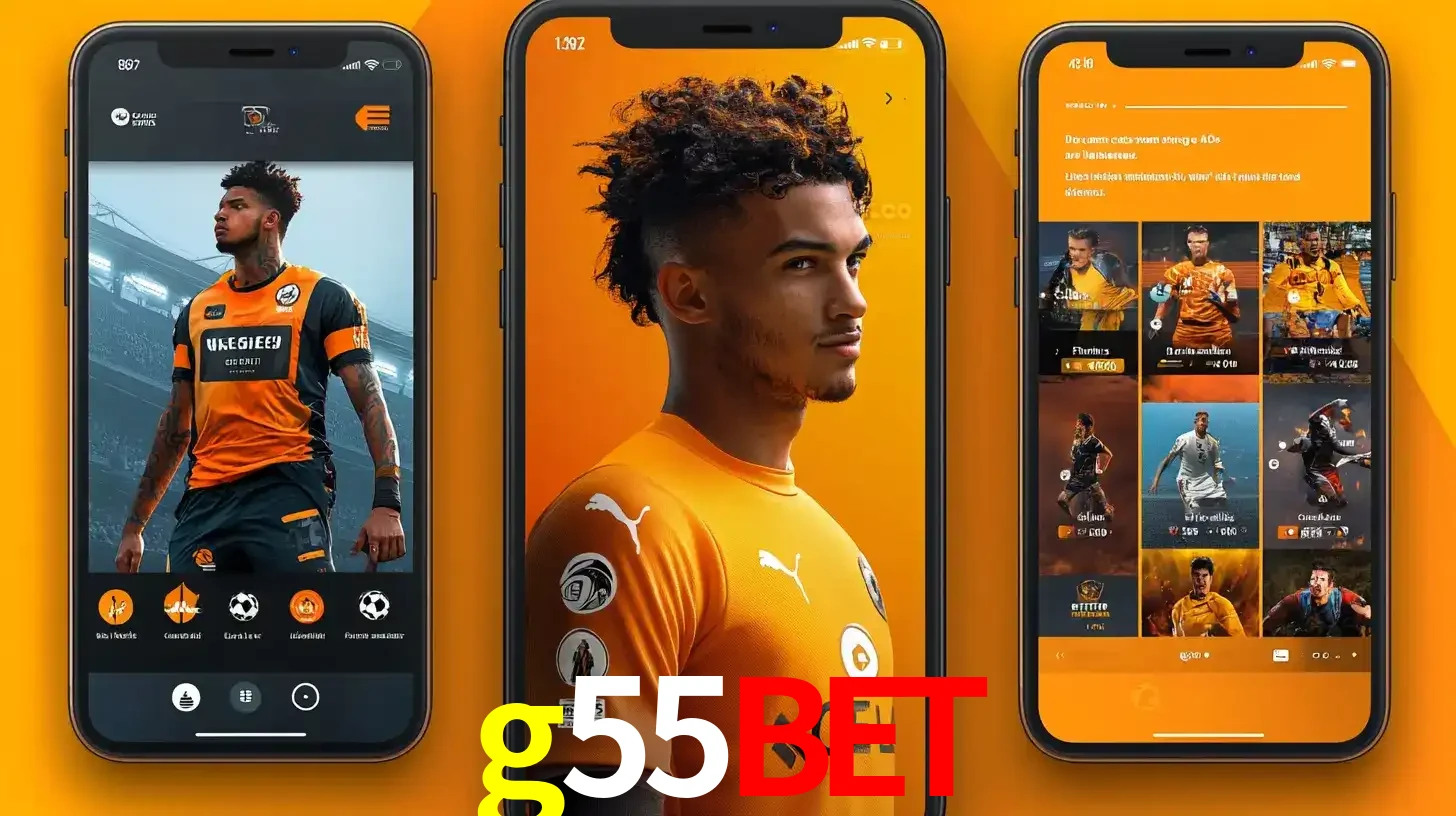 Interface do aplicativo de apostas esportivas g55bet em três telas de celular, mostrando o perfil de um jogador de futebol e a lista de jogos disponíveis para apostar.