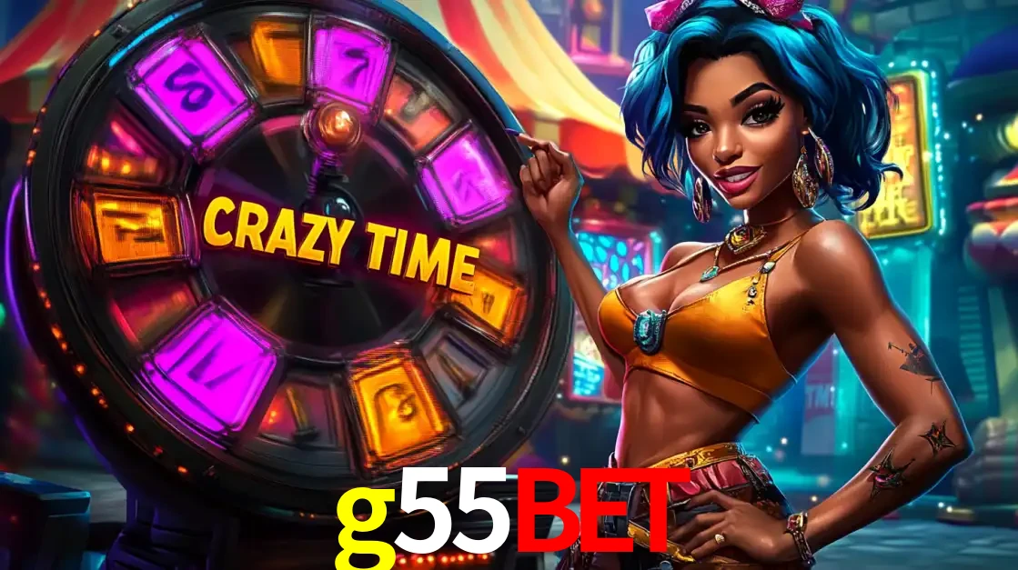 Mulher estilizada com cabelo azul e visual vibrante posando ao lado da roda de prêmios do game show Crazy Time, convidando para a diversão e os bônus do cassino g55bet.