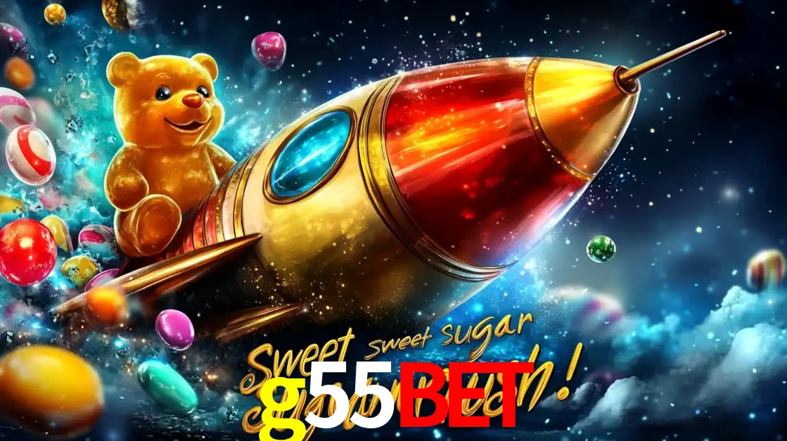 Arte promocional do jogo de slot Sugar Rush, com um urso de pelúcia em um foguete viajando pelo espaço de doces, um dos jogos divertidos disponíveis no cassino g55bet.