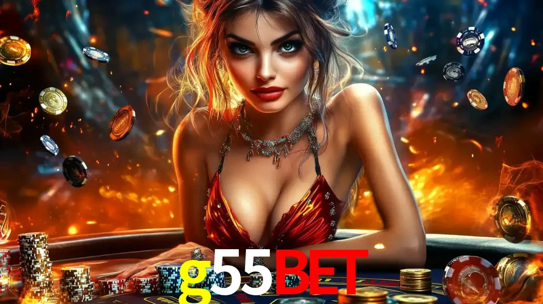 Mulher em uma mesa de cassino com pilhas de fichas e um fundo de fogo, pronta para uma rodada de altas apostas nos jogos de mesa emocionantes do cassino g55bet.