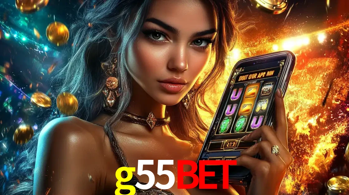 Mulher elegante mostrando um jogo de caça-níqueis em seu smartphone, destacando a experiência de cassino móvel oferecida pelo aplicativo g55bet.