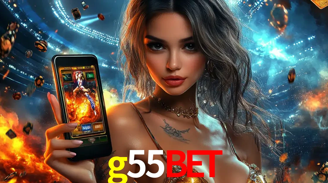 Mulher segurando um celular com um jogo de slot em destaque, tendo como fundo um estádio vibrante, simbolizando a emoção de jogar no cassino móvel g55bet.