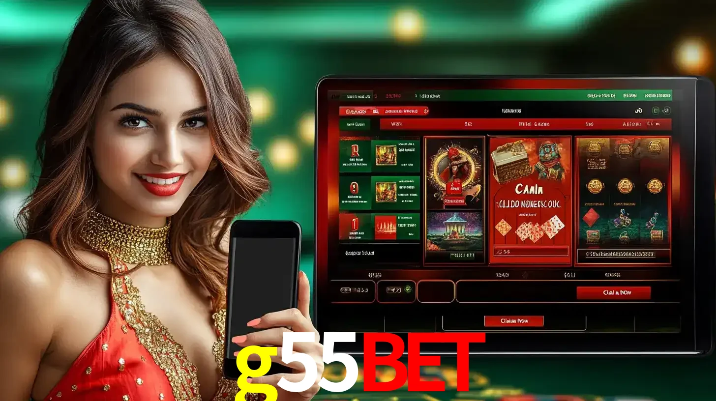 Mulher sorridente segurando um smartphone, ao lado de uma tela exibindo o lobby de jogos do cassino online g55bet, com várias opções de jogos de cartas e slots.